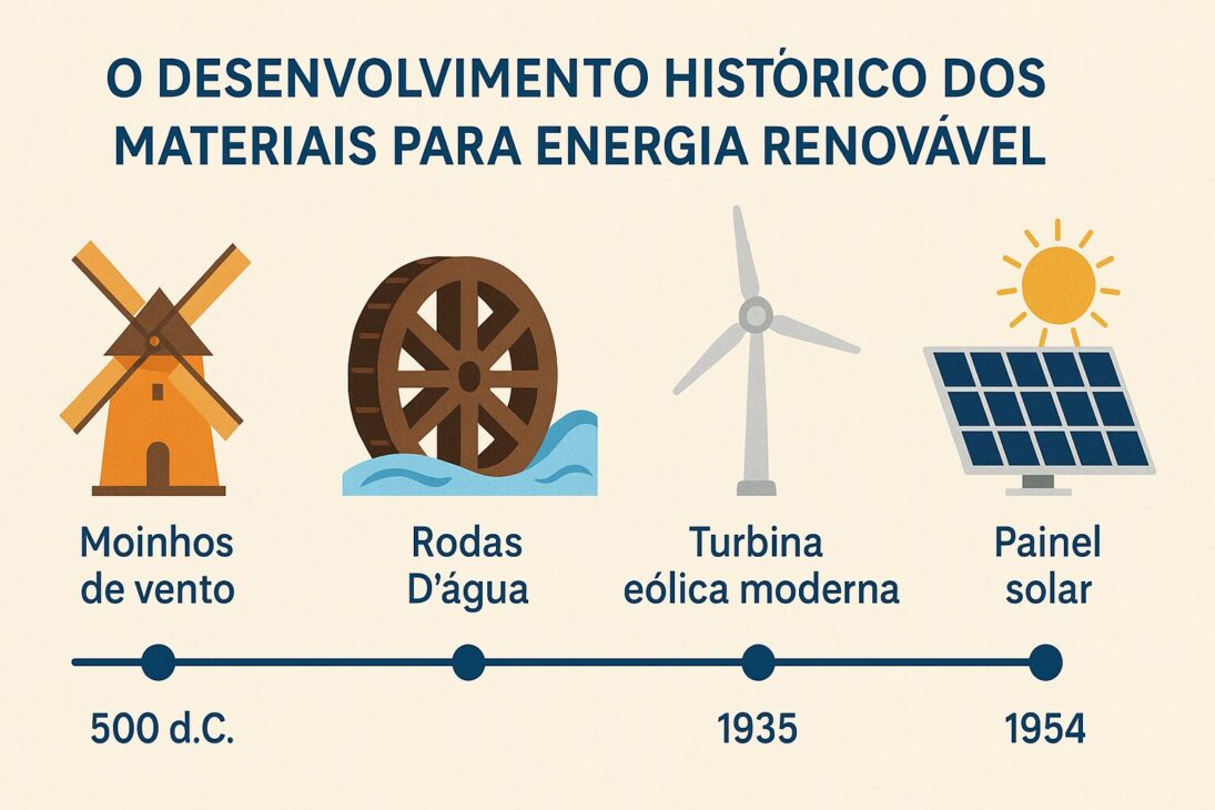 Linha do tempo ilustrada com os principais marcos históricos dos materiais de energia renovável, incluindo moinhos de vento, rodas d'água, turbinas eólicas e painéis solares.