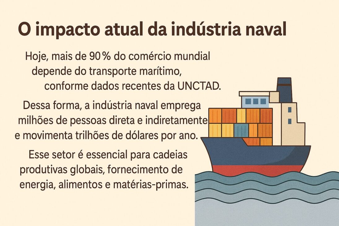 Infográfico em paisagem mostrando o impacto atual da indústria naval, com destaque para um navio cargueiro ilustrado e texto informativo sobre comércio global, empregos e economia.