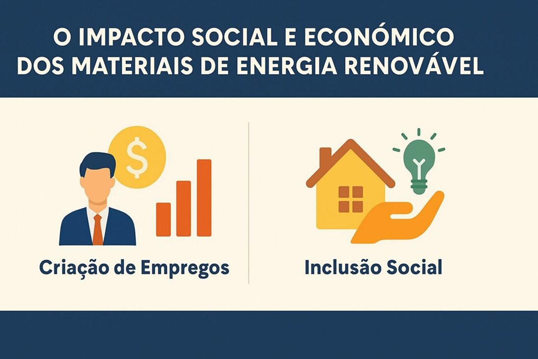 Infográfico sobre o impacto social e econômico dos materiais de energia renovável, com ícones representando comunidades, empregos, economia verde e desenvolvimento sustentável.