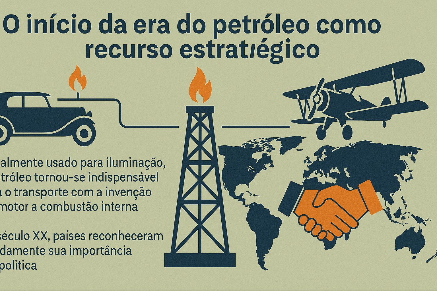 Infográfico ilustrando o início da era do petróleo como recurso estratégico, com imagens de um carro antigo, uma torre de extração de petróleo, um avião biplano, um mapa-múndi e um aperto de mãos.