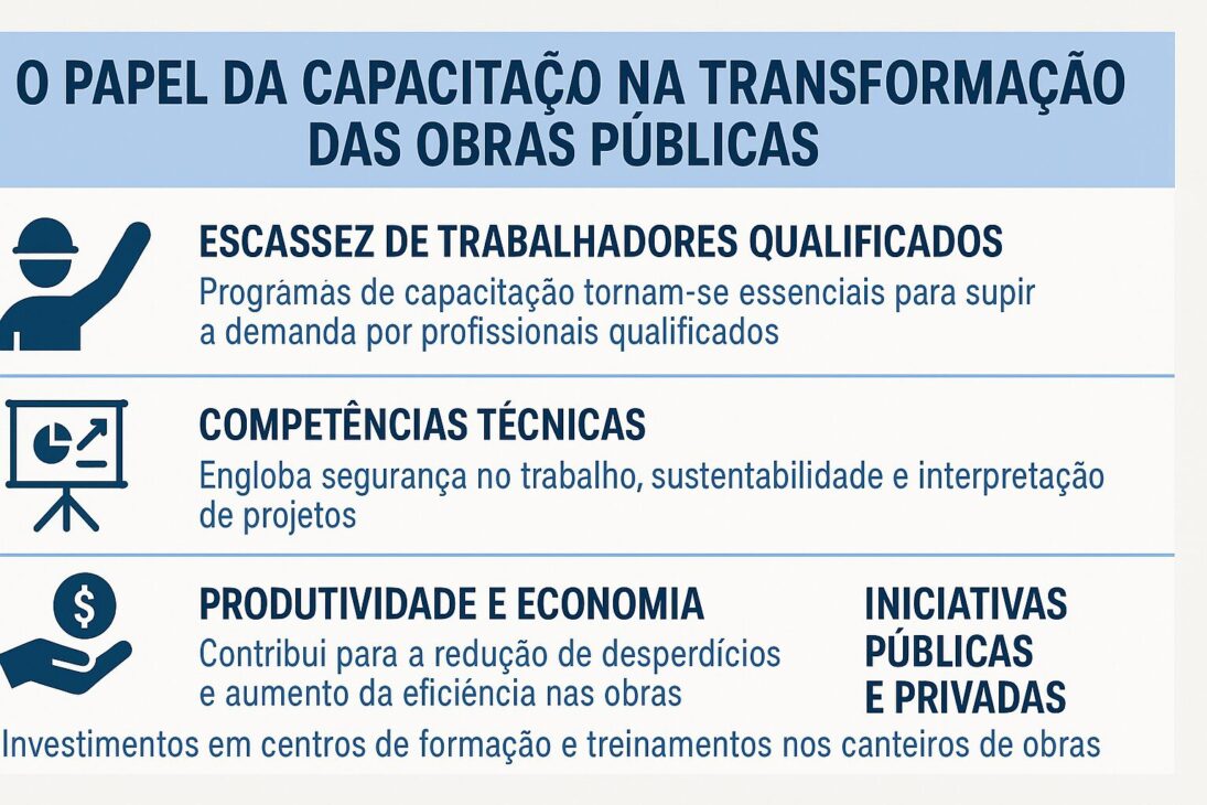 Infográfico em português sobre o papel da capacitação na transformação das obras públicas, com quatro tópicos e ícones ilustrativos.