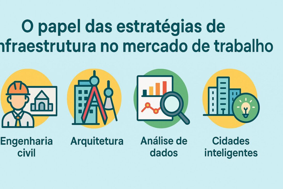 Infográfico ilustrando o impacto das estratégias de infraestrutura no mercado de trabalho, com ícones representando profissões, setores industriais e desenvolvimento urbano.