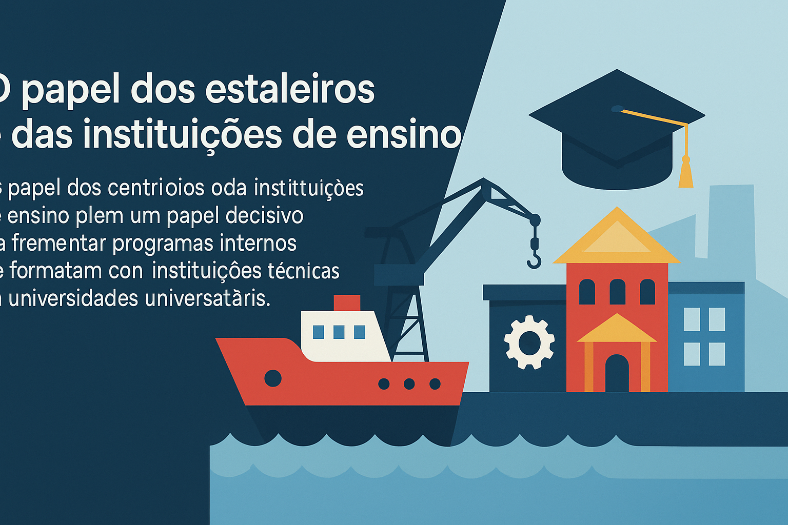 Infográfico em estilo flat mostrando um navio, guindaste de estaleiro e prédios representando instituições de ensino, com o título “O papel dos estaleiros e das instituições de ensino”.