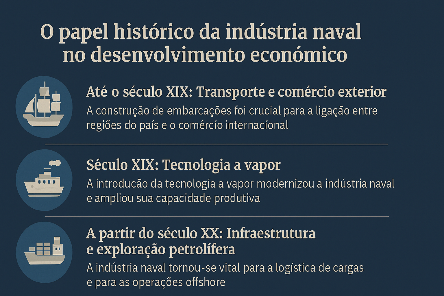 Infográfico ilustrando o papel histórico da indústria naval no desenvolvimento econômico, com três seções que destacam marcos como a navegação colonial, a revolução industrial e a exploração petrolífera.