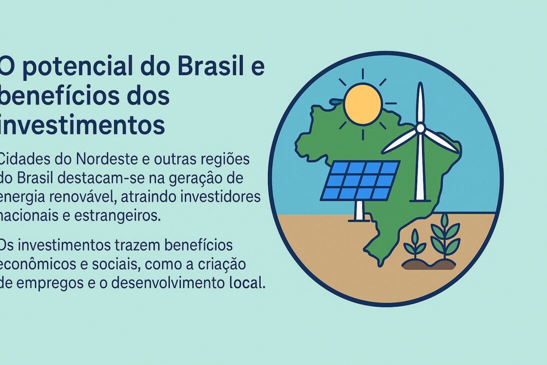 Infográfico em português com o título "O potencial do Brasil e benefícios dos investimentos", apresentando um mapa do Brasil com ícones de energia solar, eólica e agricultura, acompanhado de texto explicativo sobre os benefícios econômicos e sociais da energia renovável.