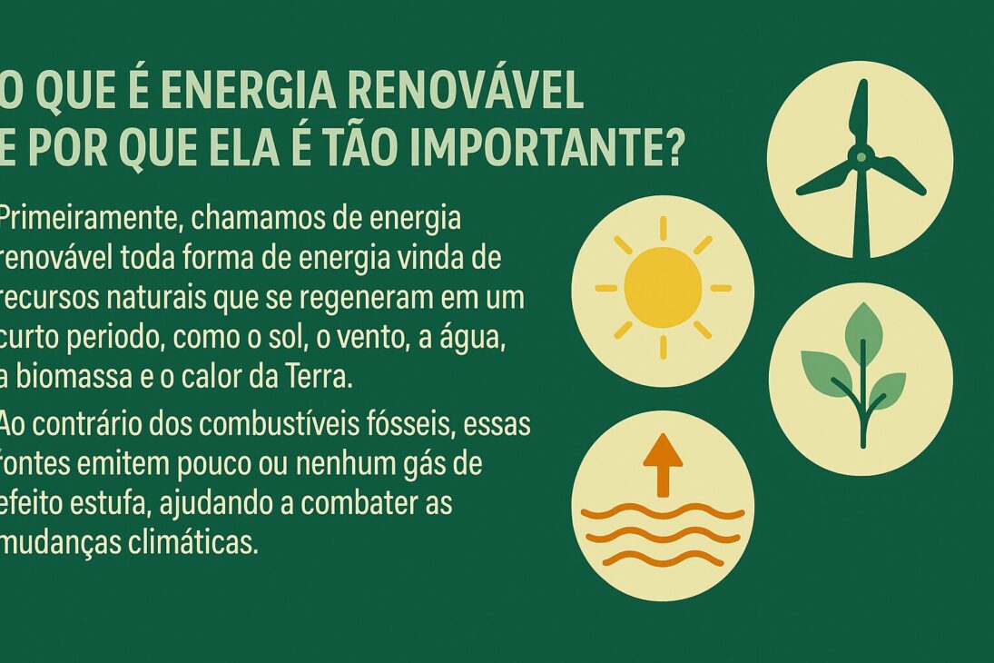 Infográfico explicando o que é energia renovável, com ícones representando sol, vento, água, biomassa e energia geotérmica ao lado de um texto sobre a importância dessas fontes para o meio ambiente.