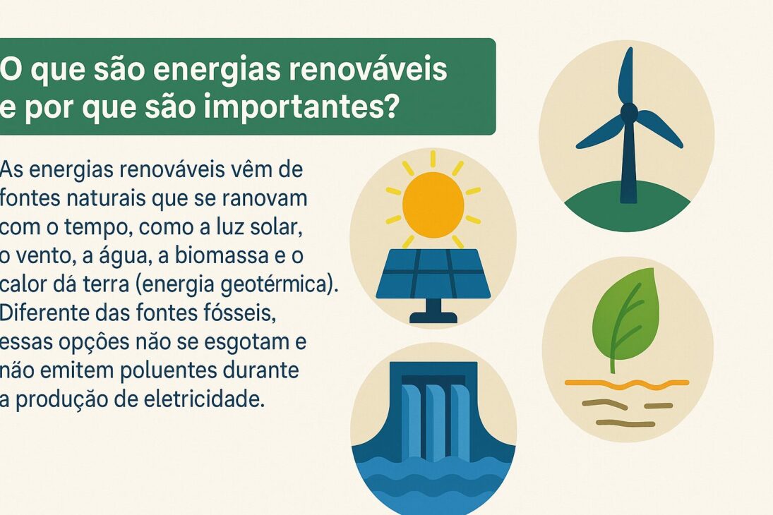 Infográfico ilustrando o conceito de energias renováveis, com ícones representando energia solar, eólica, hidrelétrica e biomassa ao lado de um texto explicativo.