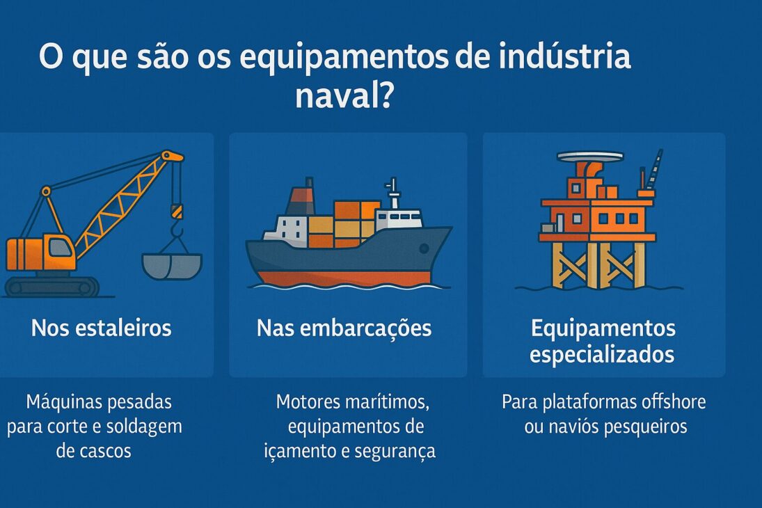 Infográfico com três seções ilustrando equipamentos navais: guindaste em estaleiro, navio com contêineres e plataforma offshore, com breves descrições sobre suas funções.