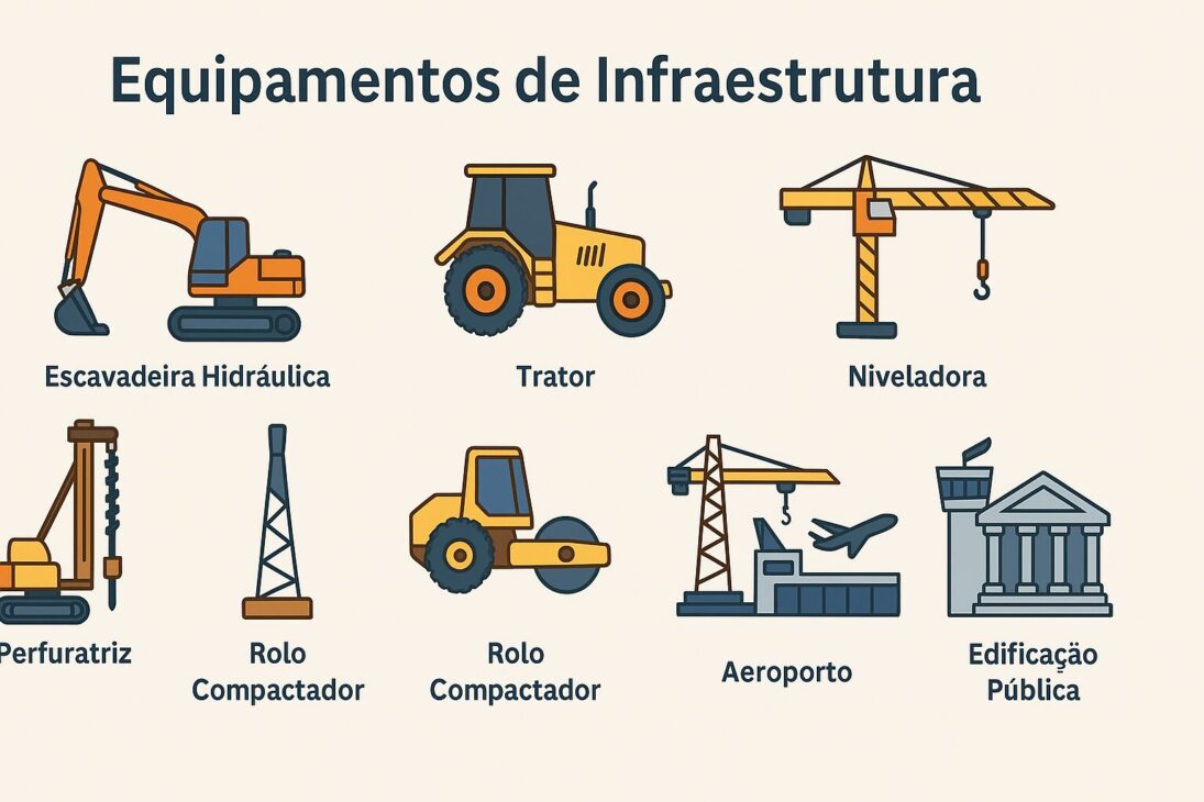 Infográfico ilustrando equipamentos de infraestrutura, como escavadeira, trator, niveladora, rolo compactador, perfuratriz, aeroporto e edificação pública.