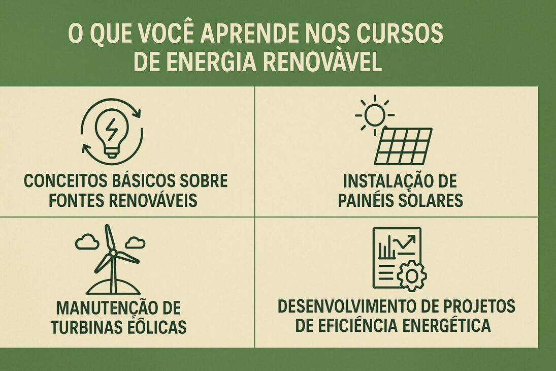 Infográfico com quatro áreas de aprendizado nos cursos de energia renovável: conceitos básicos sobre fontes renováveis, instalação de painéis solares, manutenção de turbinas eólicas e desenvolvimento de projetos de eficiência energética.