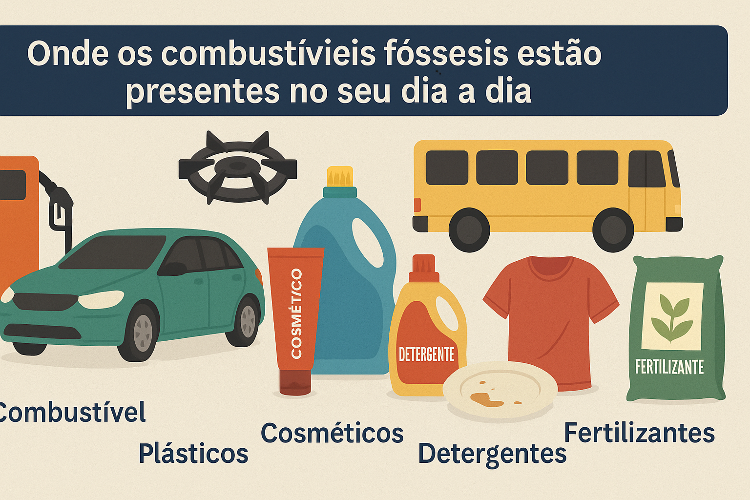 Infográfico mostrando onde os combustíveis fósseis estão presentes no dia a dia, com ilustrações de carro, bomba de combustível, fogão, ônibus, cosméticos, detergentes, camiseta, fertilizantes e plásticos.