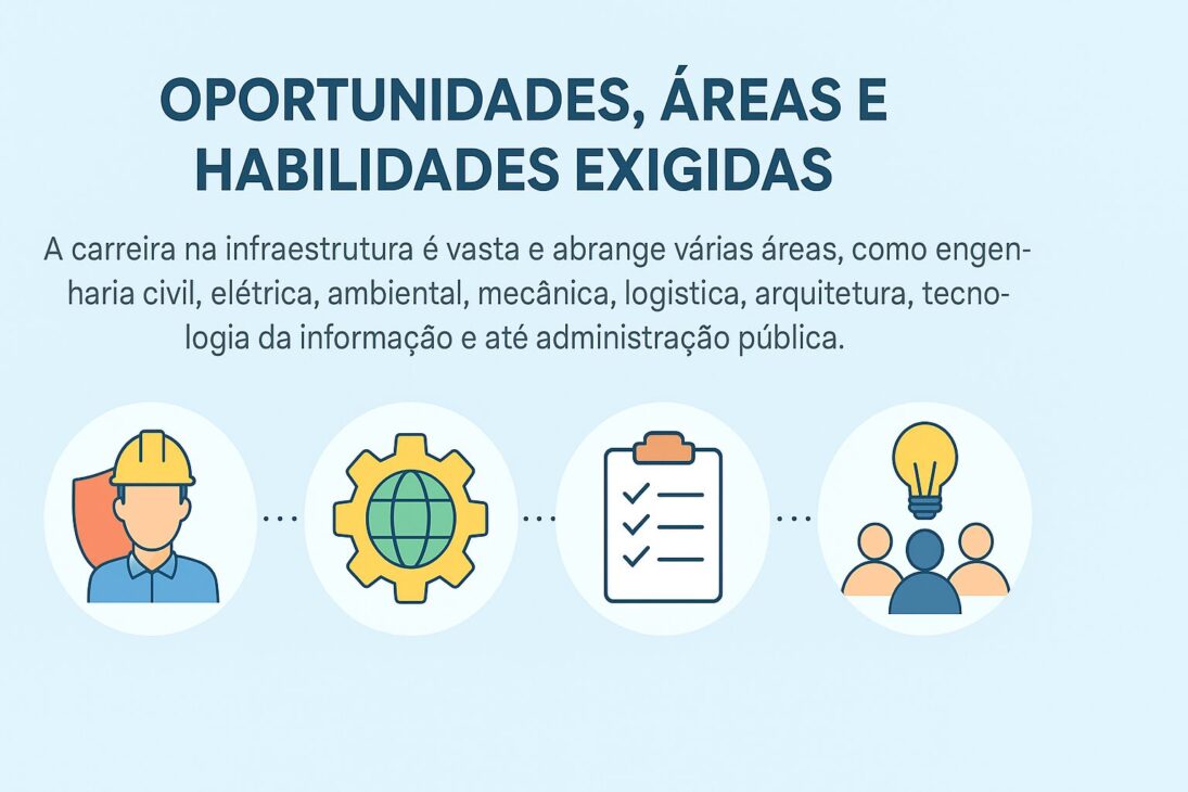 Infográfico em português intitulado "Oportunidades, Áreas e Habilidades Exigidas", com ícones ilustrando diferentes áreas da infraestrutura como engenharia, logística, tecnologia e habilidades interpessoais.