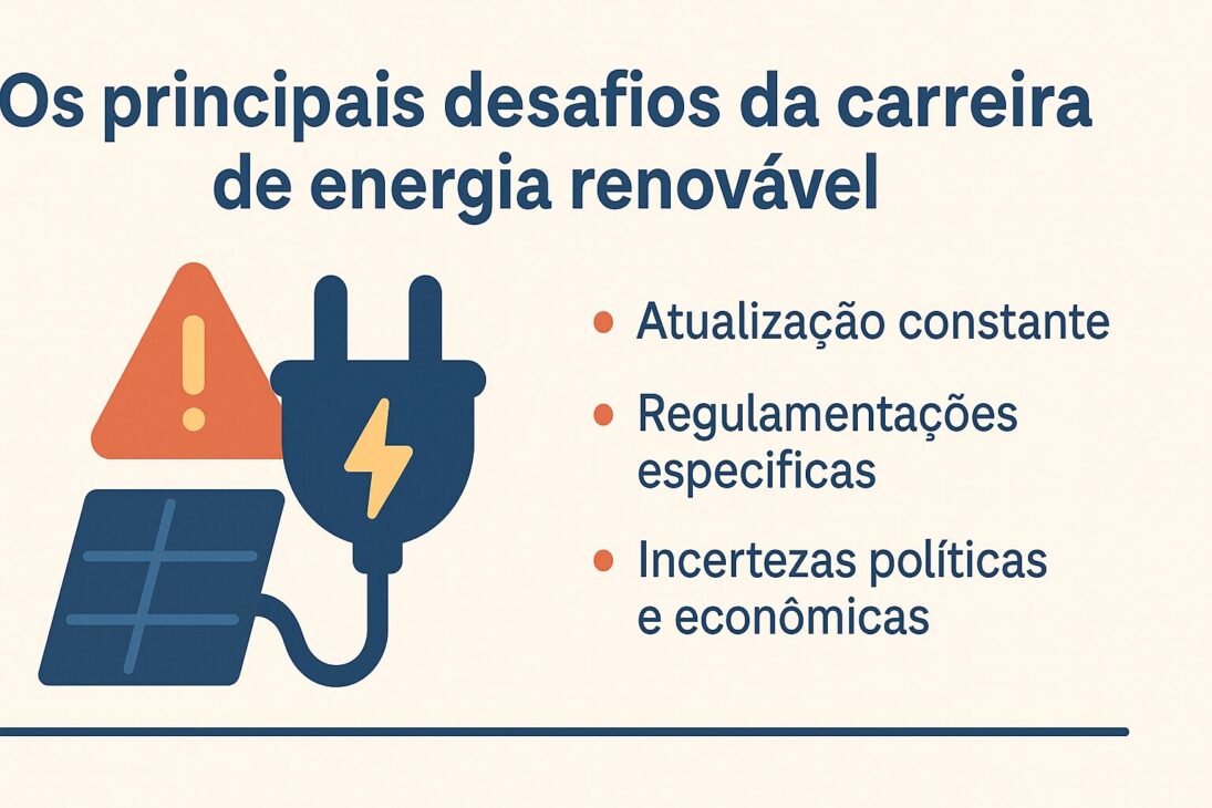 Infográfico que lista os principais desafios da carreira em energia renovável, com ícones representando alerta, plugue elétrico e painel solar ao lado dos tópicos: atualização constante, regulamentações específicas e incertezas políticas e econômicas.