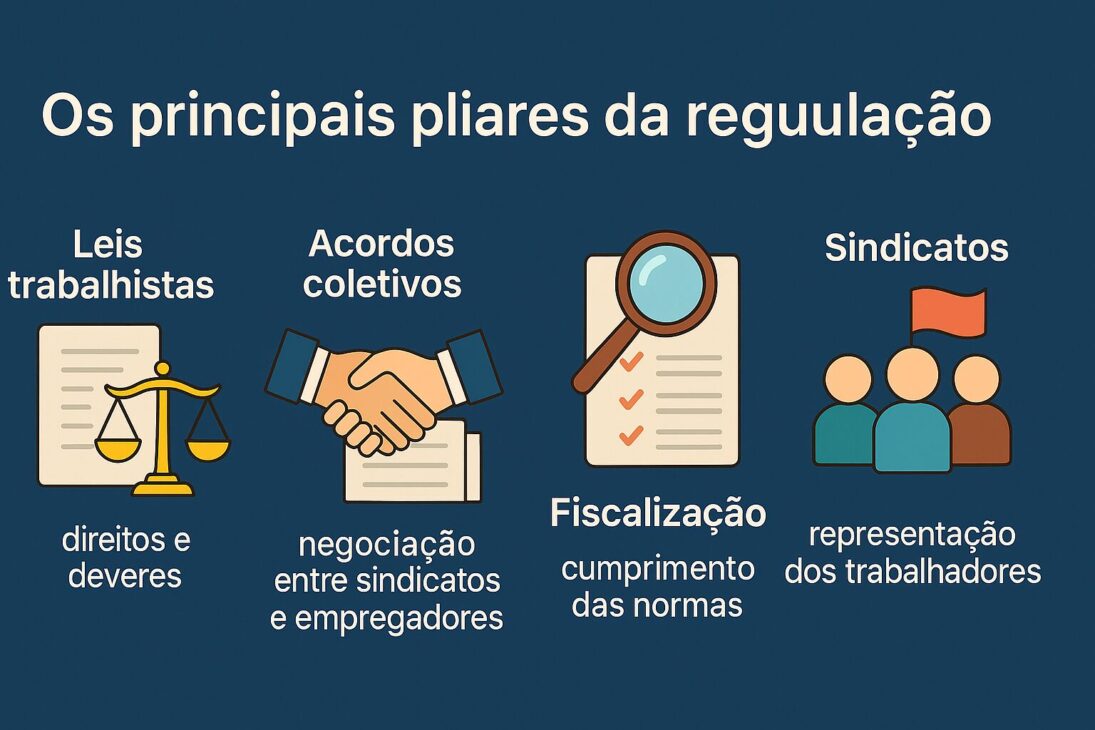 Infográfico ilustrativo destacando os principais pilares da regulação do mercado de trabalho, com ícones representando leis, acordos coletivos, fiscalização e sindicatos.