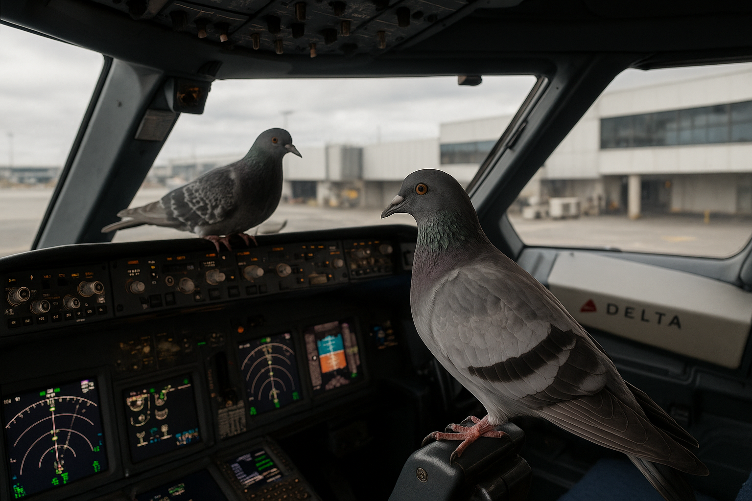 Dois pombos dentro da cabine de um avião da Delta