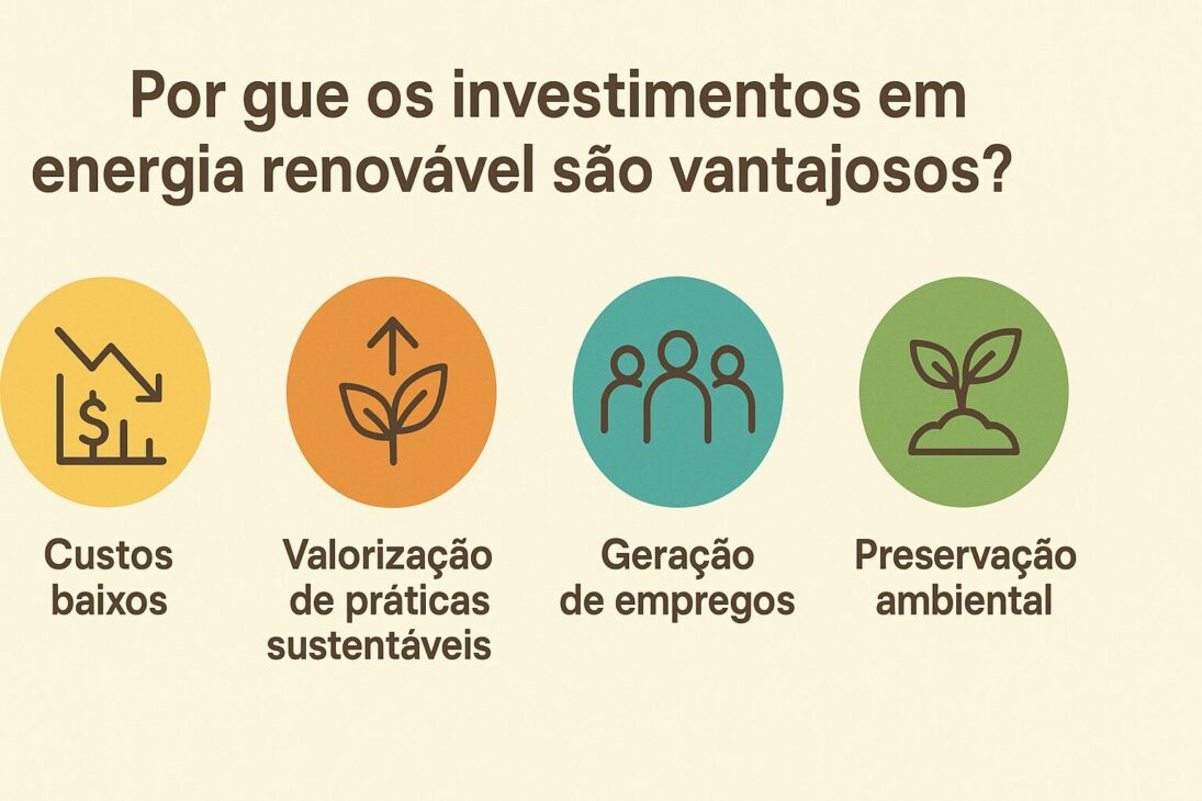 Infográfico em português mostrando quatro benefícios dos investimentos em energia renovável: custos baixos, valorização de práticas sustentáveis, geração de empregos e preservação ambiental, com ícones ilustrativos em estilo flat.