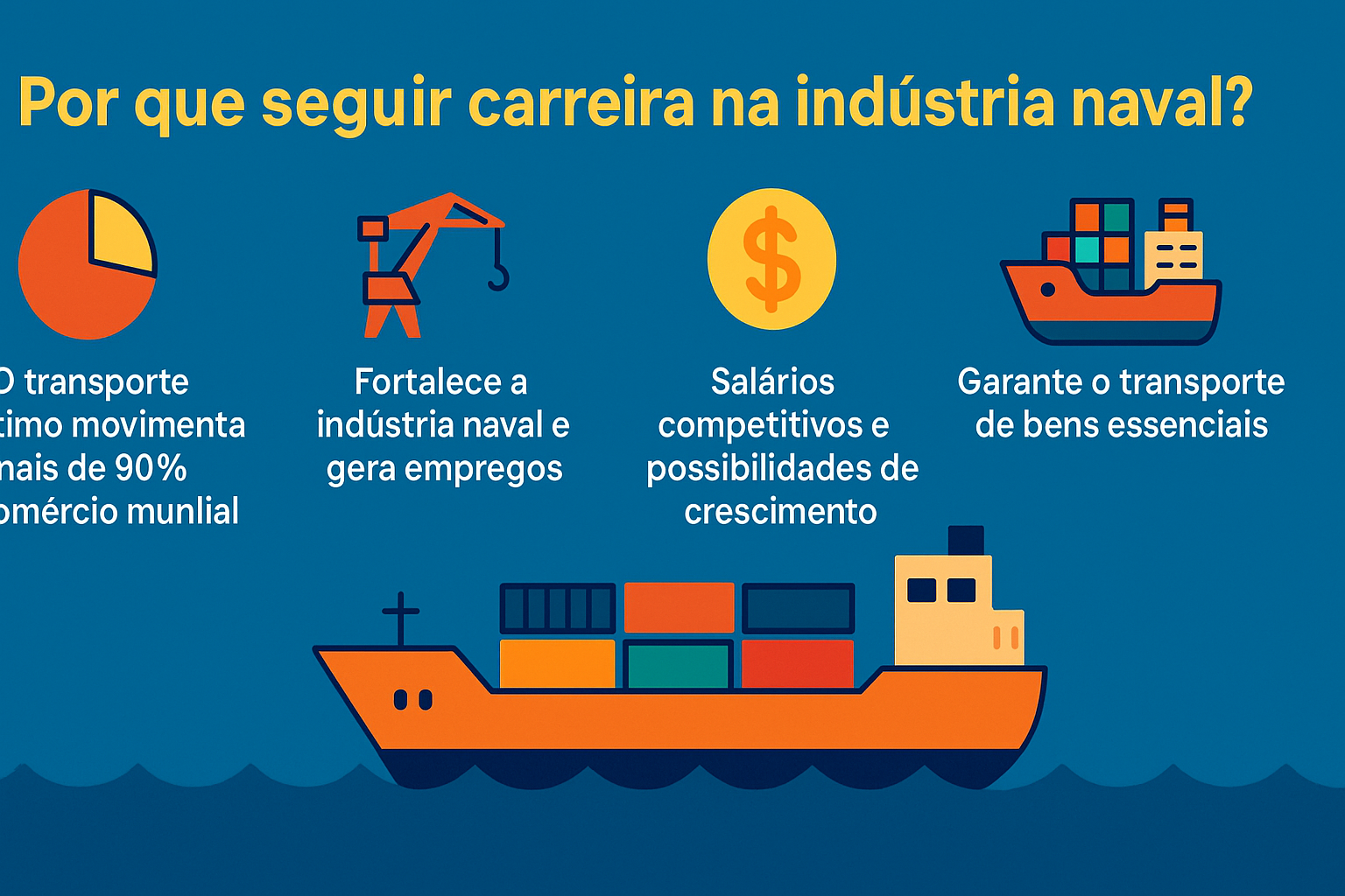 Infográfico em estilo flat com fundo azul e ícones coloridos que destacam quatro motivos para seguir carreira na indústria naval: transporte marítimo movimenta mais de 90% do comércio mundial, fortalecimento da indústria e geração de empregos, salários competitivos com possibilidade de crescimento e transporte de bens essenciais.
