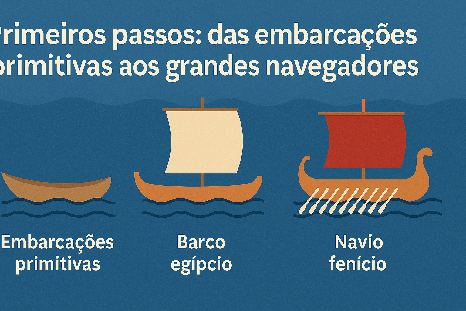 Infográfico horizontal ilustrando três tipos de embarcações históricas: uma canoa primitiva, um barco egípcio com vela clara e um navio fenício com vela vermelha e remos.