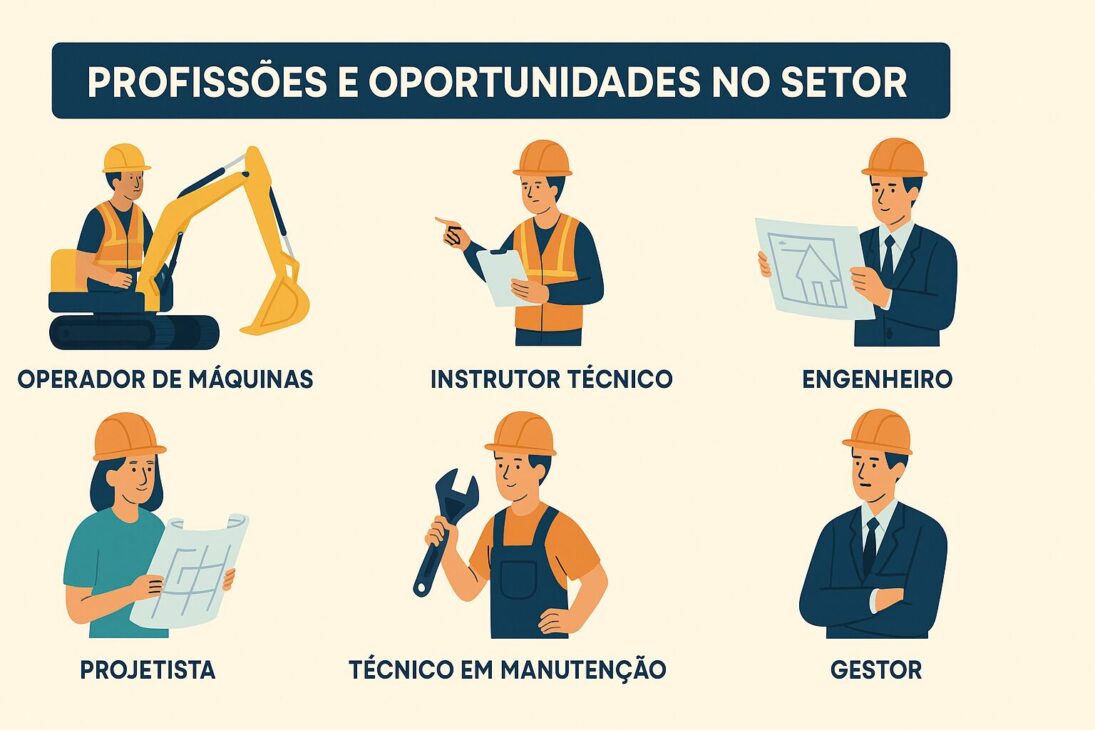 Profissões e oportunidades no setor da construção civil com ilustrações de diferentes cargos como operador de máquinas, instrutor técnico, engenheiro, projetista, técnico em manutenção e gestor.