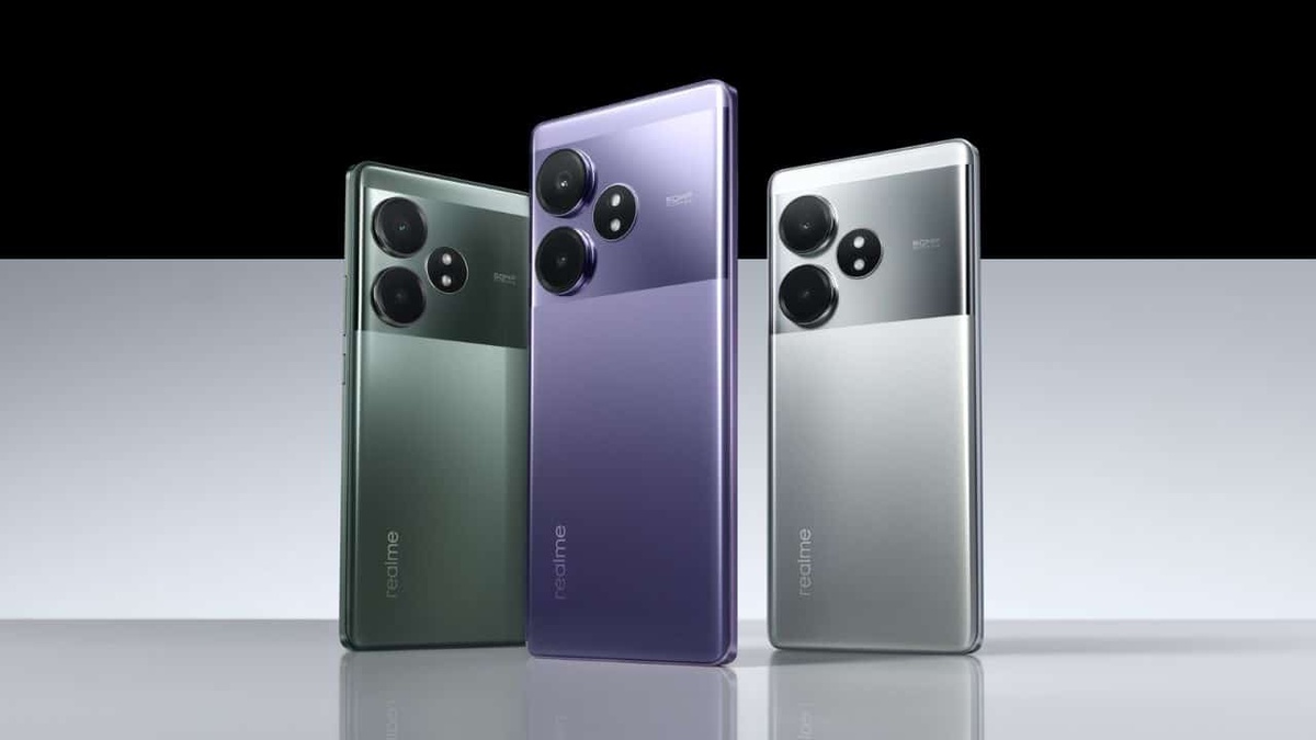 Smartphones realme GT Neo 6 nas cores verde, roxa e prata com destaque para o design moderno e câmeras triplas