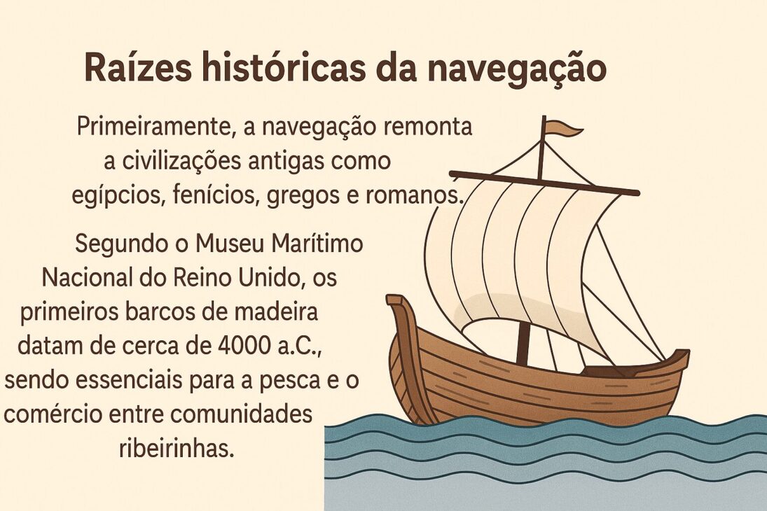 Infográfico em paisagem ilustrando a história da navegação, com texto centralizado em tons terrosos e uma imagem estilizada de um navio antigo à vela à direita.