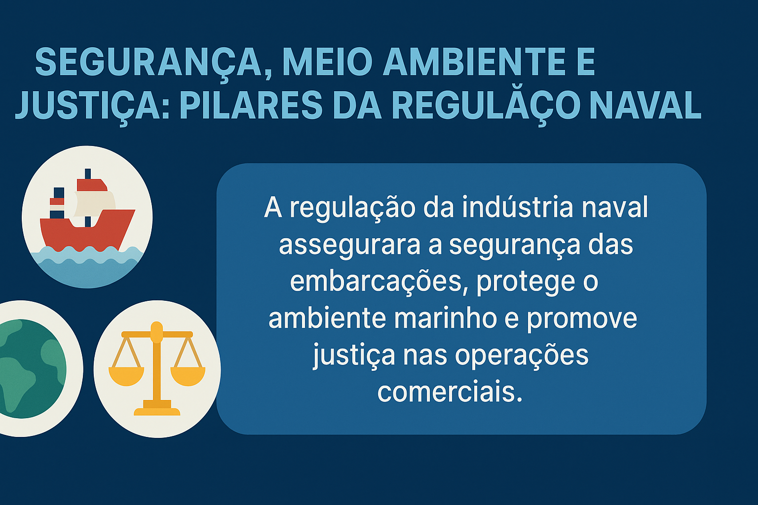 Infográfico horizontal com fundo azul-escuro. À esquerda, três ícones em estilo flat: um navio, um planeta Terra e uma balança da justiça. À direita, em destaque, um texto explicativo sobre como a regulação naval assegura a segurança das embarcações, protege o ambiente marinho e promove justiça nas operações comerciais.