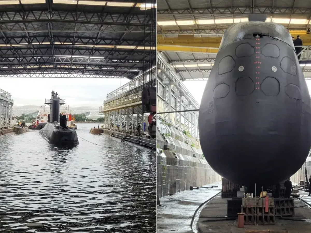 O Submarino Tupi foi desdocado no Arsenal de Marinha do Rio de Janeiro (AMRJ) após manutenção estratégica. Navio segue atracado para testes até julho de 2025.