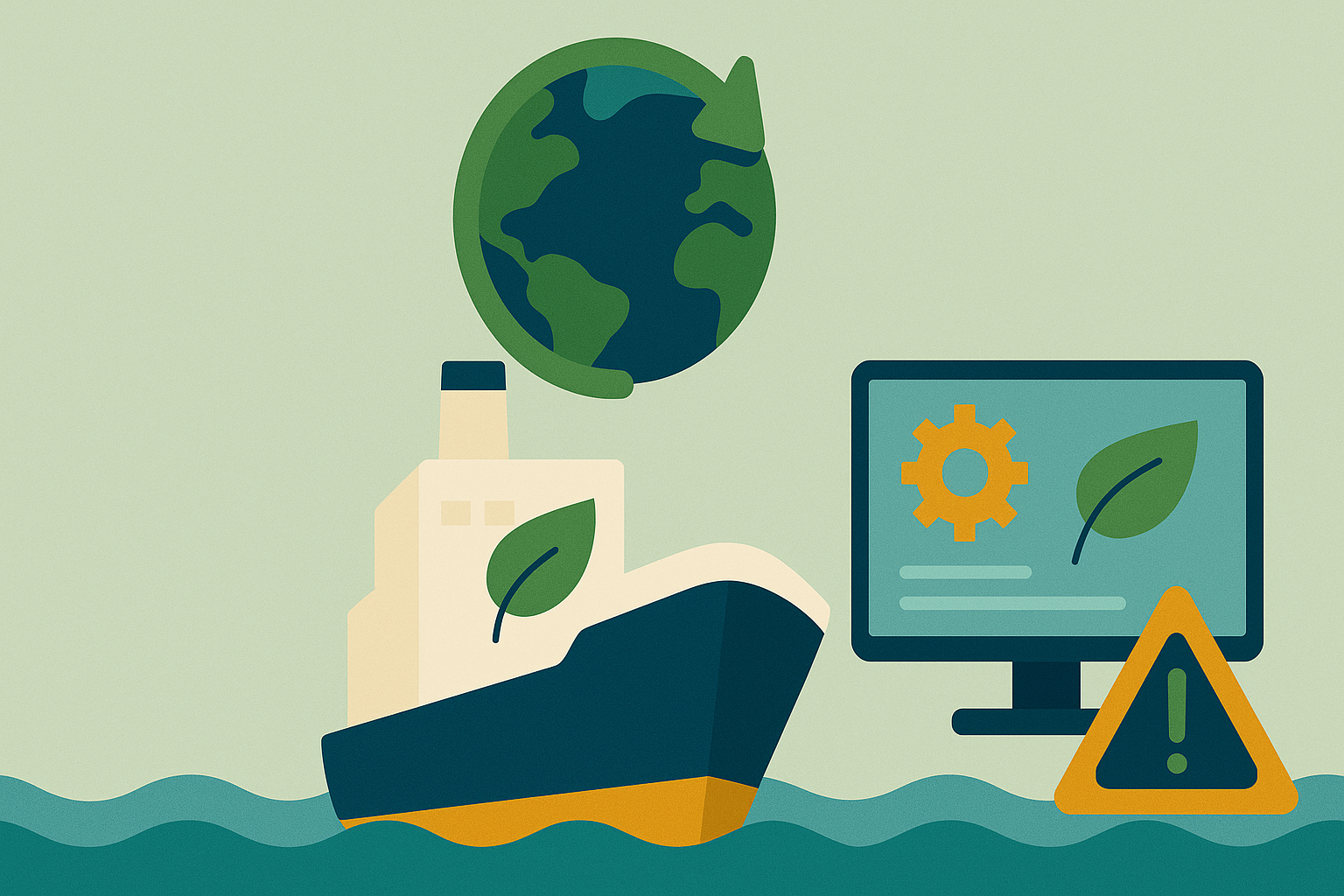 Infográfico ilustrado com estilo flat mostrando um navio com folha verde, o planeta Terra com seta circular, um monitor com engrenagem e folha, e um ícone de alerta laranja sobre o mar, representando sustentabilidade e inovação na indústria naval.