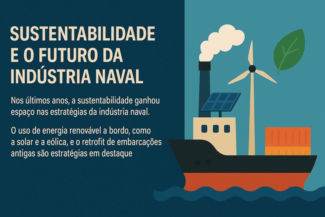 Infográfico ilustrando práticas sustentáveis na indústria naval, com destaque para um navio cargueiro equipado com painel solar, turbina eólica e contêineres, acompanhado de texto explicativo sobre sustentabilidade no setor marítimo.