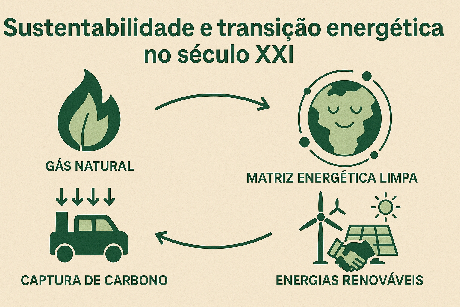 Infográfico sobre sustentabilidade e transição energética no século XXI, com ícones representando gás natural, matriz energética limpa, energias renováveis e captura de carbono, conectados por setas.