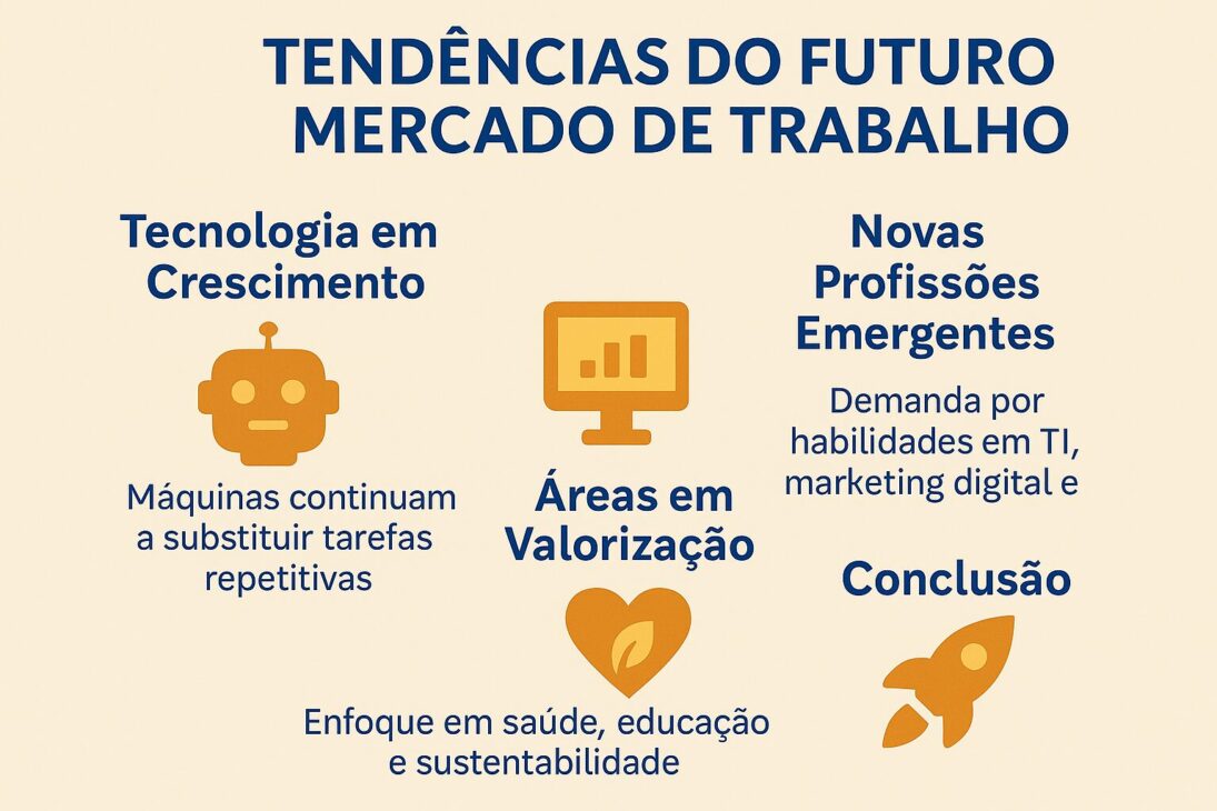 Infográfico ilustrando tendências do futuro mercado de trabalho, com ícones e textos sobre tecnologia, novas profissões, áreas valorizadas e a importância do aprendizado contínuo.