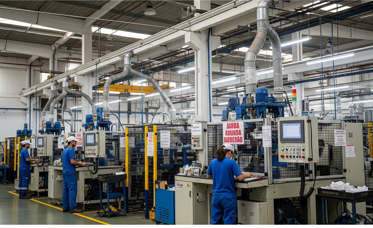 Trabalhadores e maquinário em uma fábrica industrial brasileira, com espaços vazios indicando escassez de mão de obra e a necessidade de qualificação.