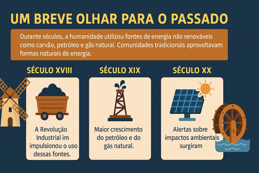 Infográfico em formato horizontal mostrando a evolução do uso de fontes de energia entre os séculos XVIII e XX, com ícones representando carvão, petróleo, energia solar e moinhos.