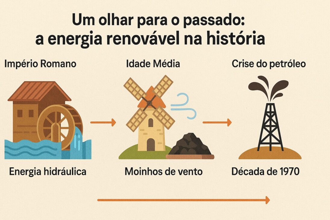 Infográfico histórico sobre a evolução da energia renovável, com ilustrações de uma roda d’água romana, um moinho de vento medieval e uma torre de petróleo dos anos 1970.