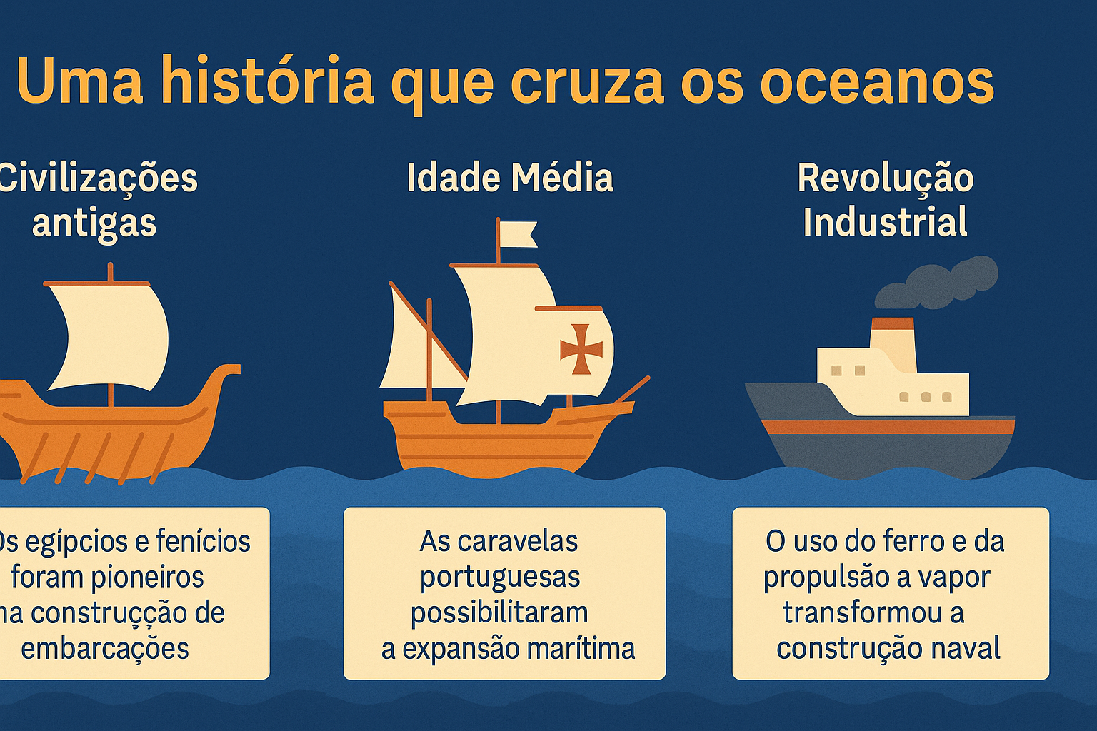 Infográfico ilustrando a evolução da indústria naval com três embarcações representando civilizações antigas, a Idade Média e a Revolução Industrial, cada uma acompanhada de um texto explicativo sobre sua contribuição histórica.