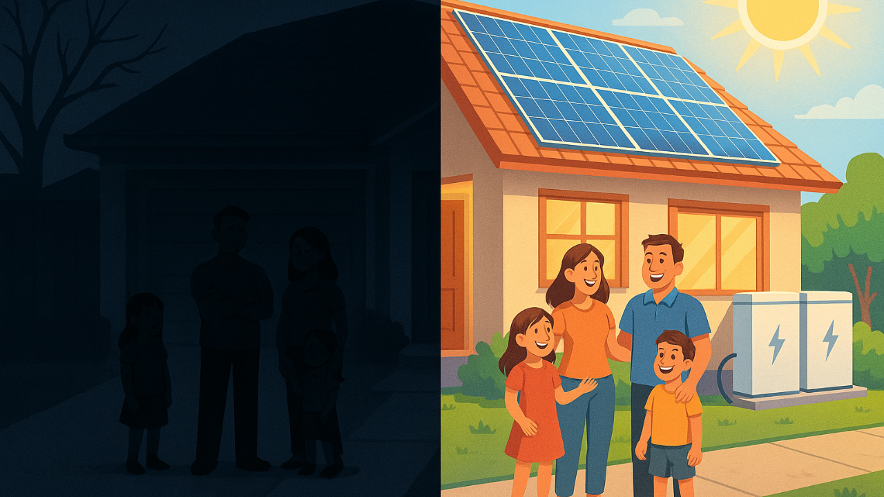 À esquerda, os desafios de viver com apagões frequentes. À direita, a tranquilidade e autonomia proporcionadas pela energia solar com baterias: conforto, economia e sustentabilidade para toda a família.