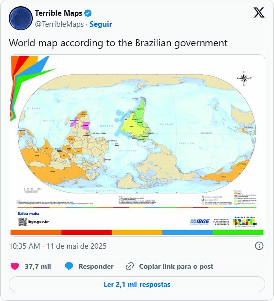 Mapa-múndi do IBGE 'invertido' vira piada internacional no perfil Terrible Maps