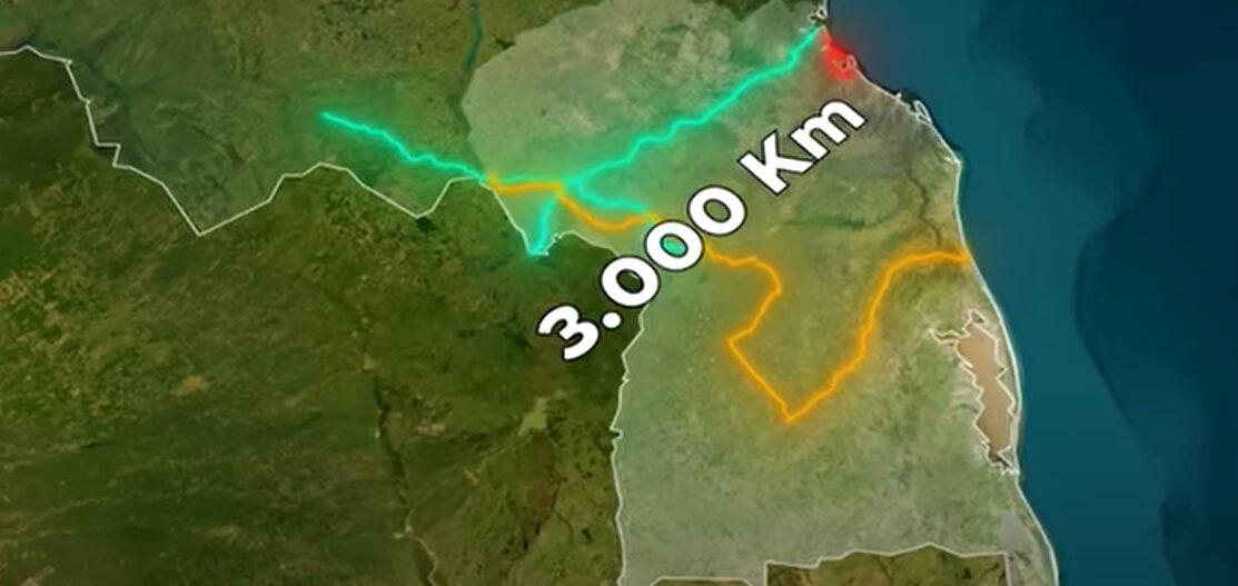 O traçado começa em Maracaju (MS) e avança por cidades paranaenses como Cascavel, Guarapuava e Ponta Grossa, chegando ao porto de Paranaguá. Haverá dois ramais: um entre Foz do Iguaçu e Cascavel, conectando ao Paraguai, e outro até Chapecó (SC). Imagem: Canal Construction Time.