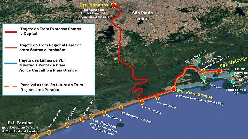 Trem intercidades pode reduzir viagem SP-Baixada para 90 minutos, gerar 13 mil empregos e atrair R$ 15 bi em investimentos. Futuro da mobilidade!