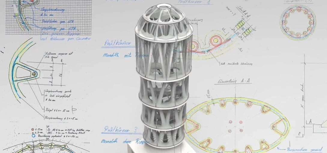 O concreto branco é o elemento chave na estética impressionante das 32 colunas do Tor Alva. Este material confere um visual moderno e elegante na sua construção, além de garantir a solidez da torre de 30 metros. Foto/Reprodução: Tor Alva