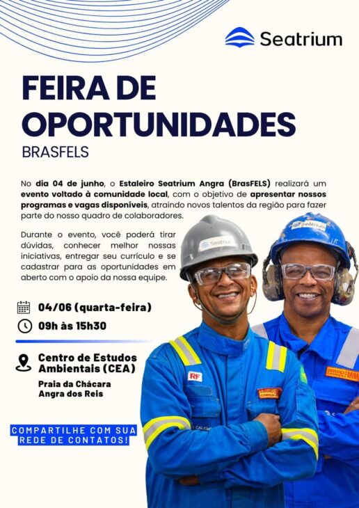 Feira de empregos da Seatrium com trabalhadores da construção naval em Angra dos Reis no estaleiro BrasFELS