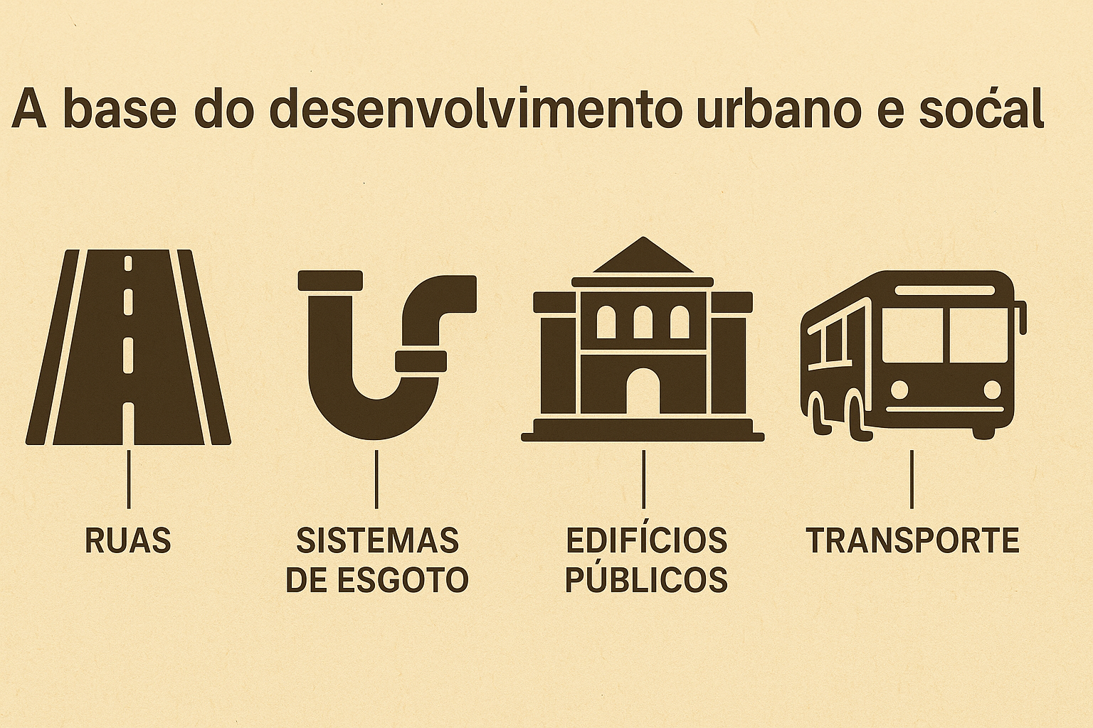 Infográfico ilustrando elementos essenciais da infraestrutura urbana: ruas, sistemas de esgoto, edifícios públicos e transporte coletivo.