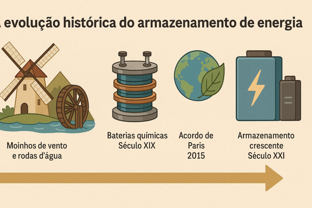 Infográfico com Llnha do tempo ilustrada mostrando a evolução histórica do armazenamento de energia, com ícones representando moinhos antigos, baterias químicas, o Acordo de Paris e baterias modernas.