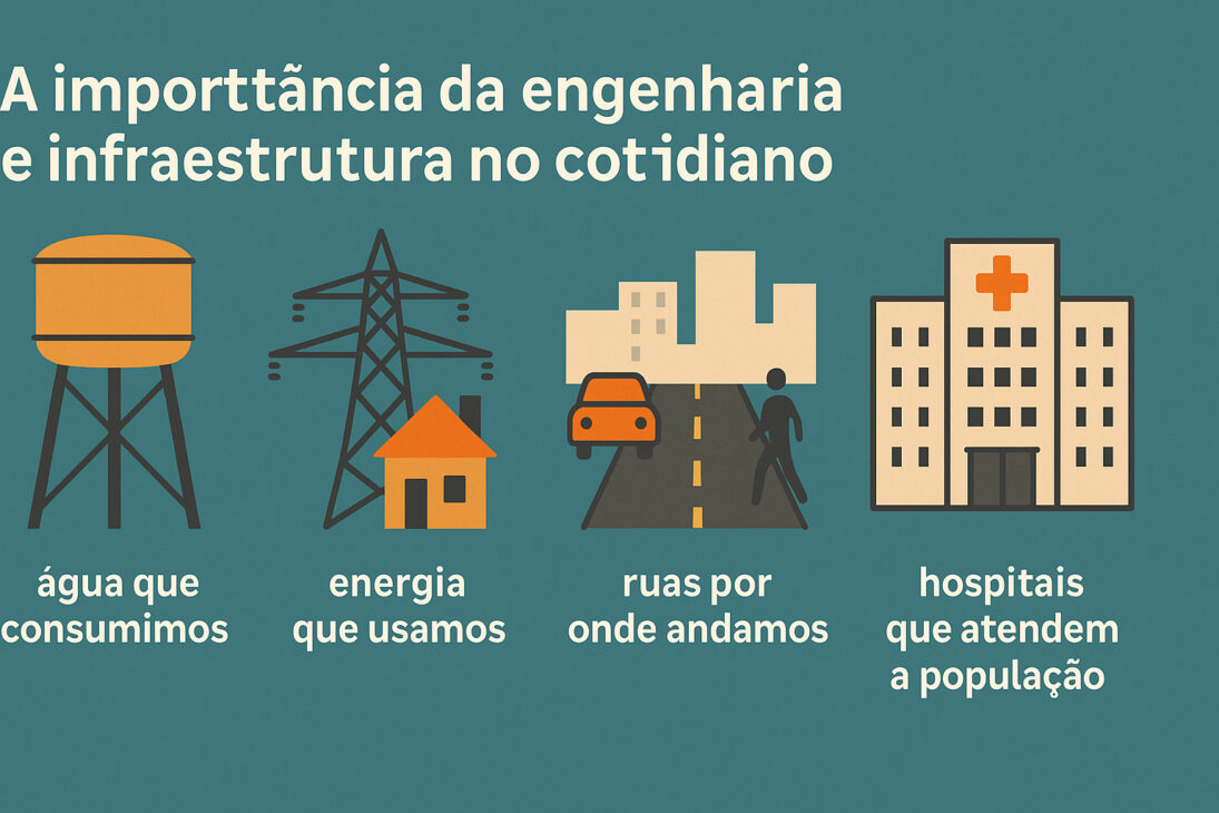 Infográfico com ilustrações de uma caixa d’água, torres de energia, estrada com edifícios e um hospital, destacando elementos essenciais da engenharia e infraestrutura no cotidiano.