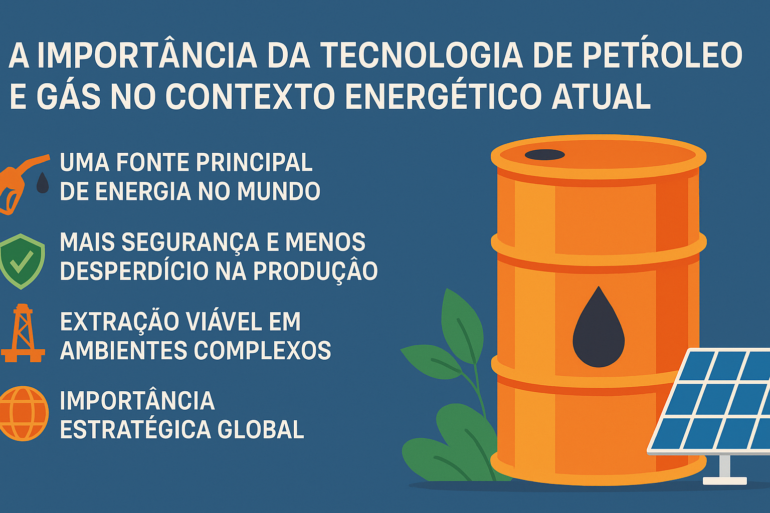 Infográfico sobre a importância da tecnologia de petróleo e gás no contexto energético atual, com ícones e texto destacando sua relevância global.