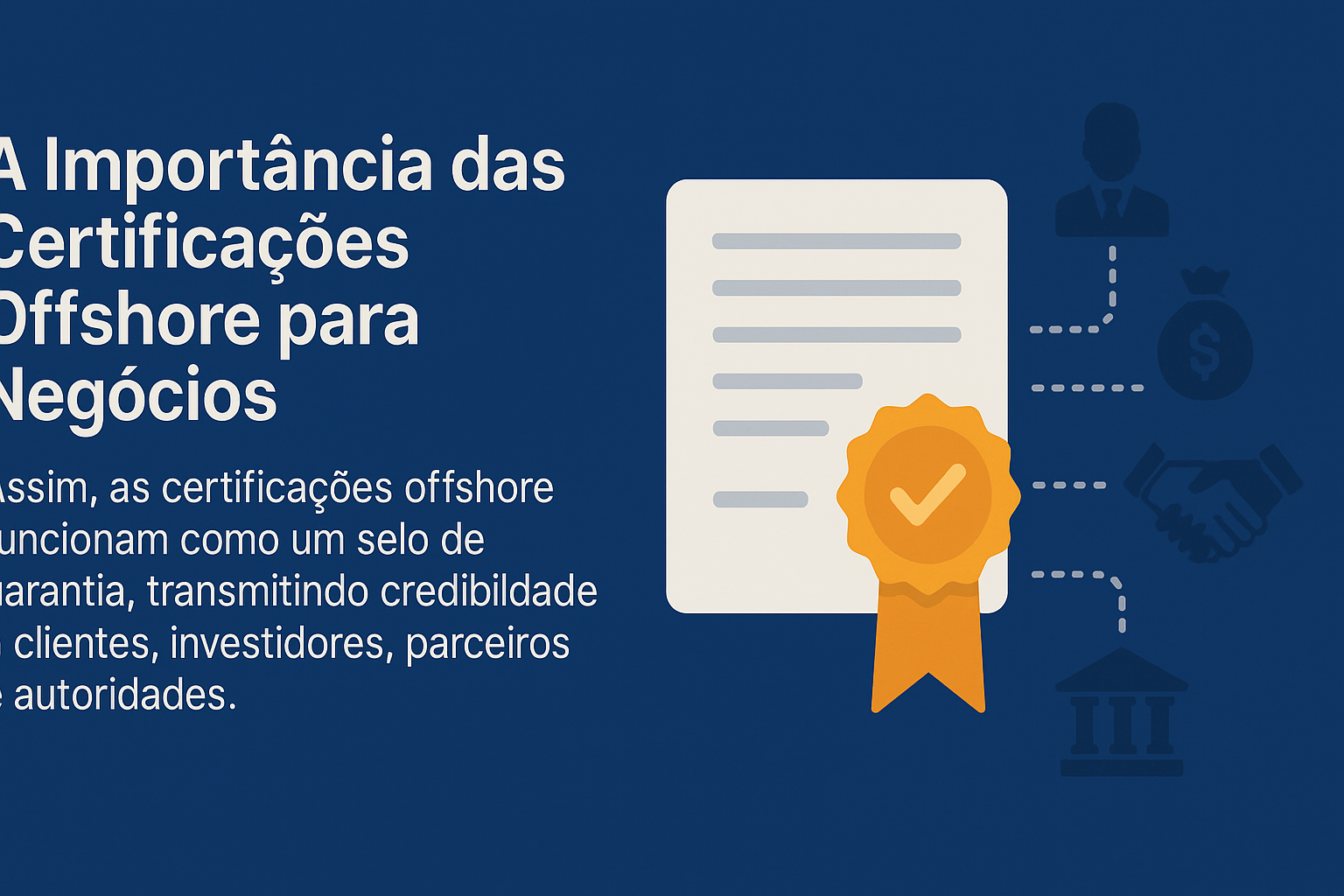 Infográfico ilustrando a importância das certificações offshore nos negócios, com texto explicativo à esquerda e imagem de certificado com selo de verificação à direita.