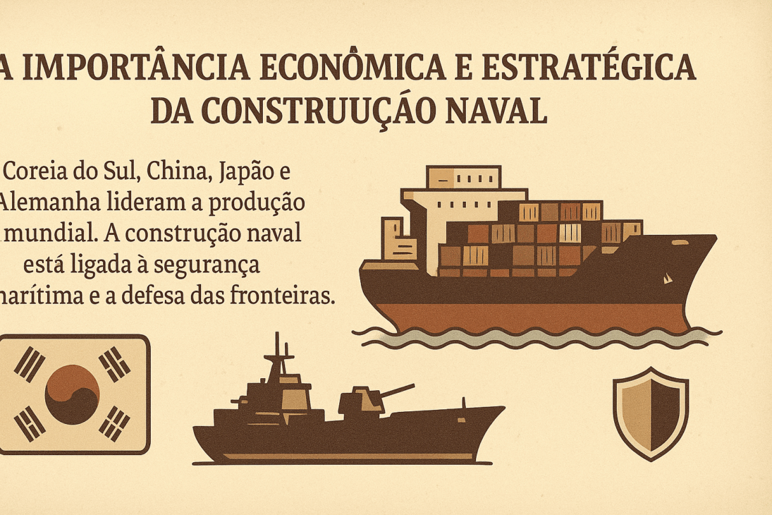 Infográfico estilo vintage mostrando um navio cargueiro, um navio de guerra, a bandeira da Coreia do Sul e um ícone de escudo, ilustrando a liderança global na produção naval e a ligação com a segurança marítima.
