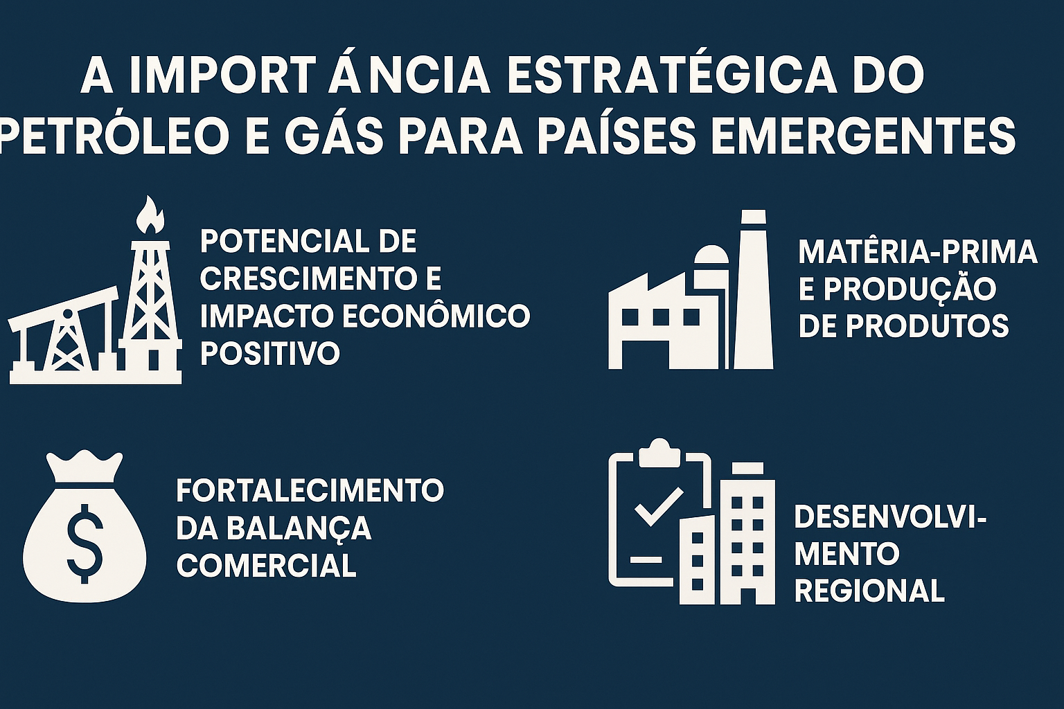 Infográfico destacando a importância estratégica do petróleo e gás para países emergentes, com ícones representando crescimento econômico, matéria-prima, balança comercial e desenvolvimento regional.