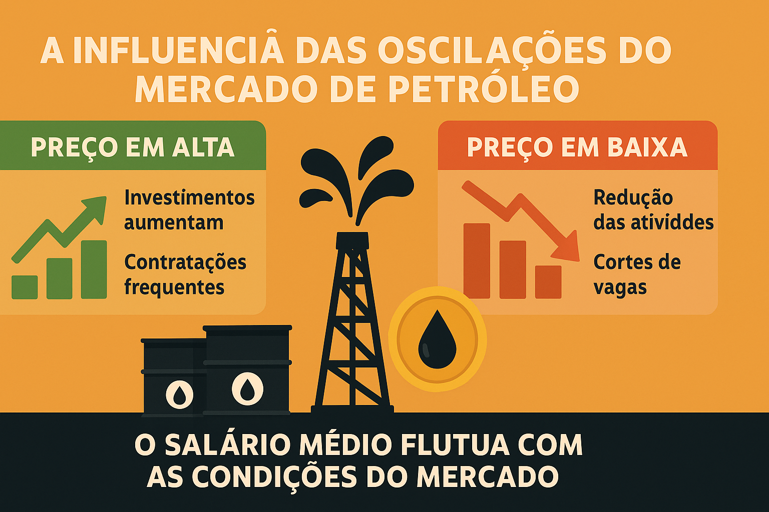 Infográfico ilustrando os efeitos das oscilações no preço do petróleo, com comparações visuais entre cenários de alta e baixa.