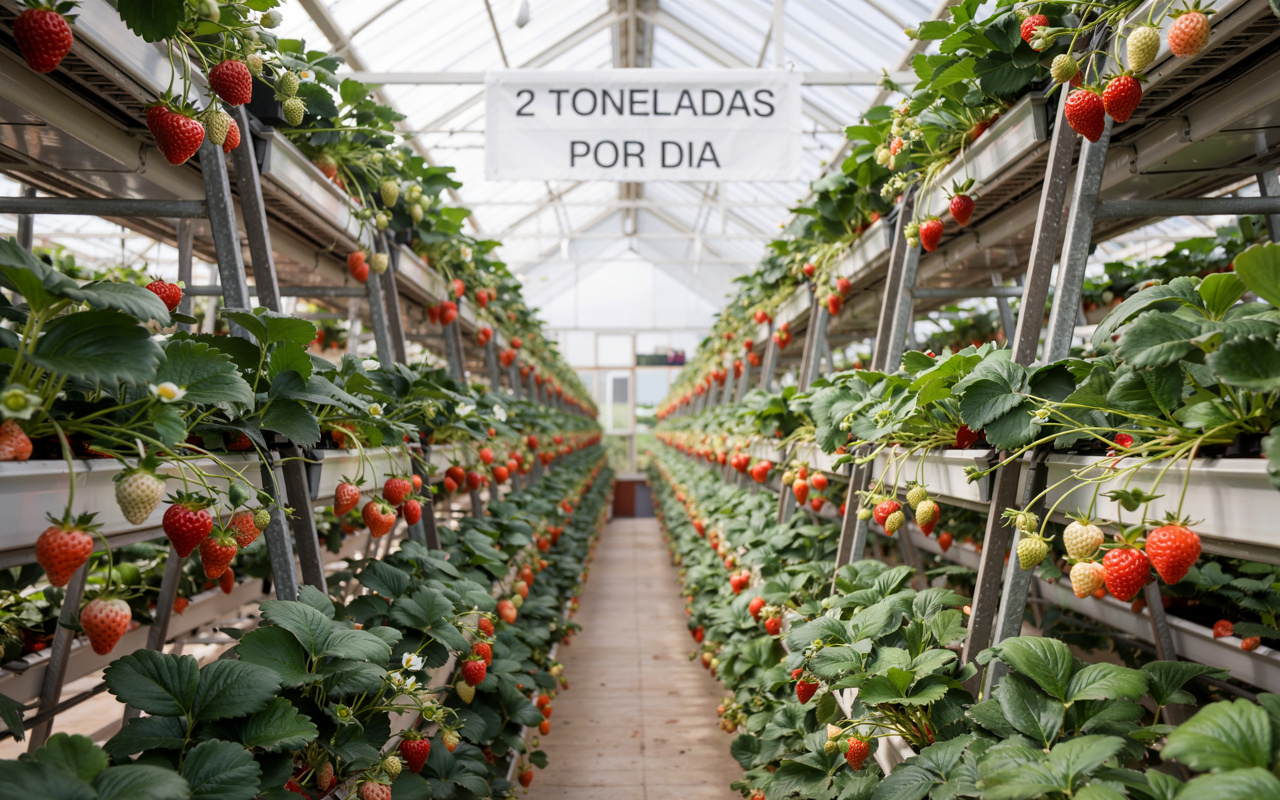 A maior plantação vertical de morangos do mundo produz 2 toneladas por dia sem usar solo e com 95% menos água — tudo dentro de um galpão nos EUA